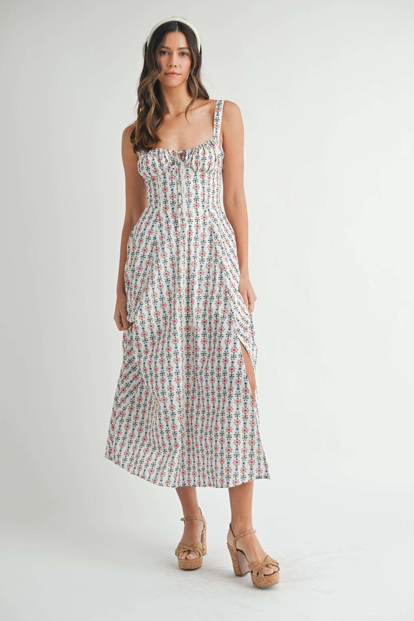 Willow Floral Bustier Back Lace Up Midi Dress