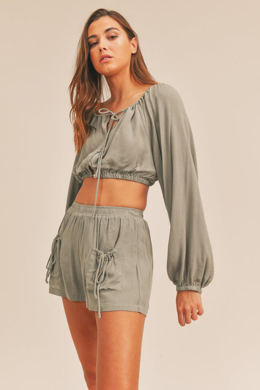 Busy Woman Long Sleeve Crop Top and Short Set