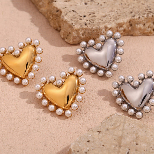 Heart Shaped Pearl Stainless Steel Earrings