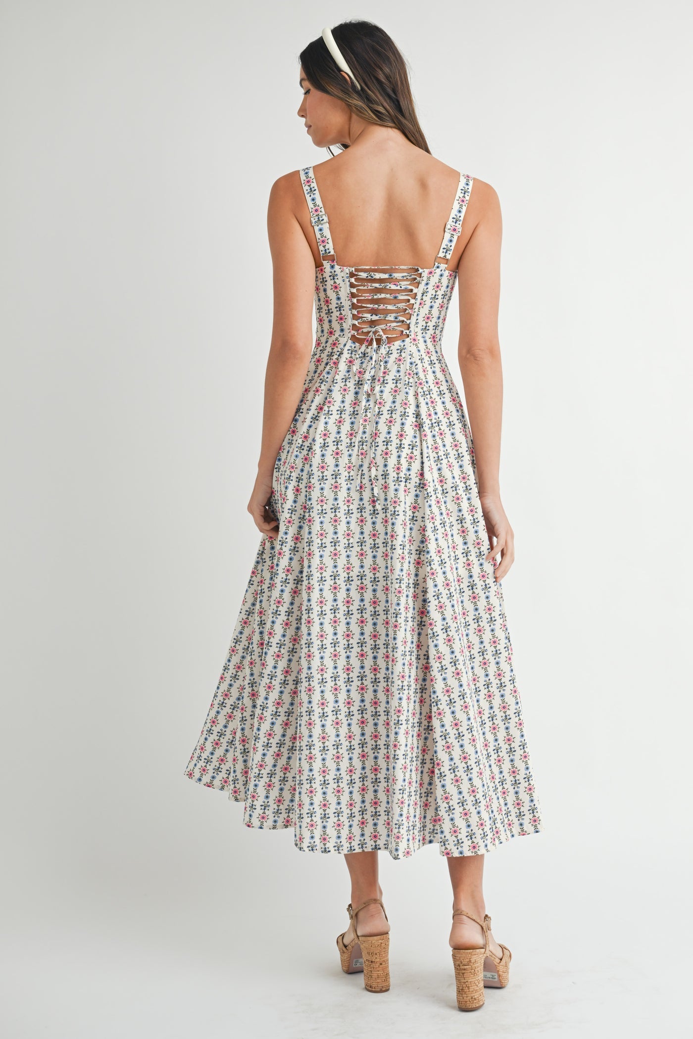 Willow Floral Bustier Back Lace Up Midi Dress