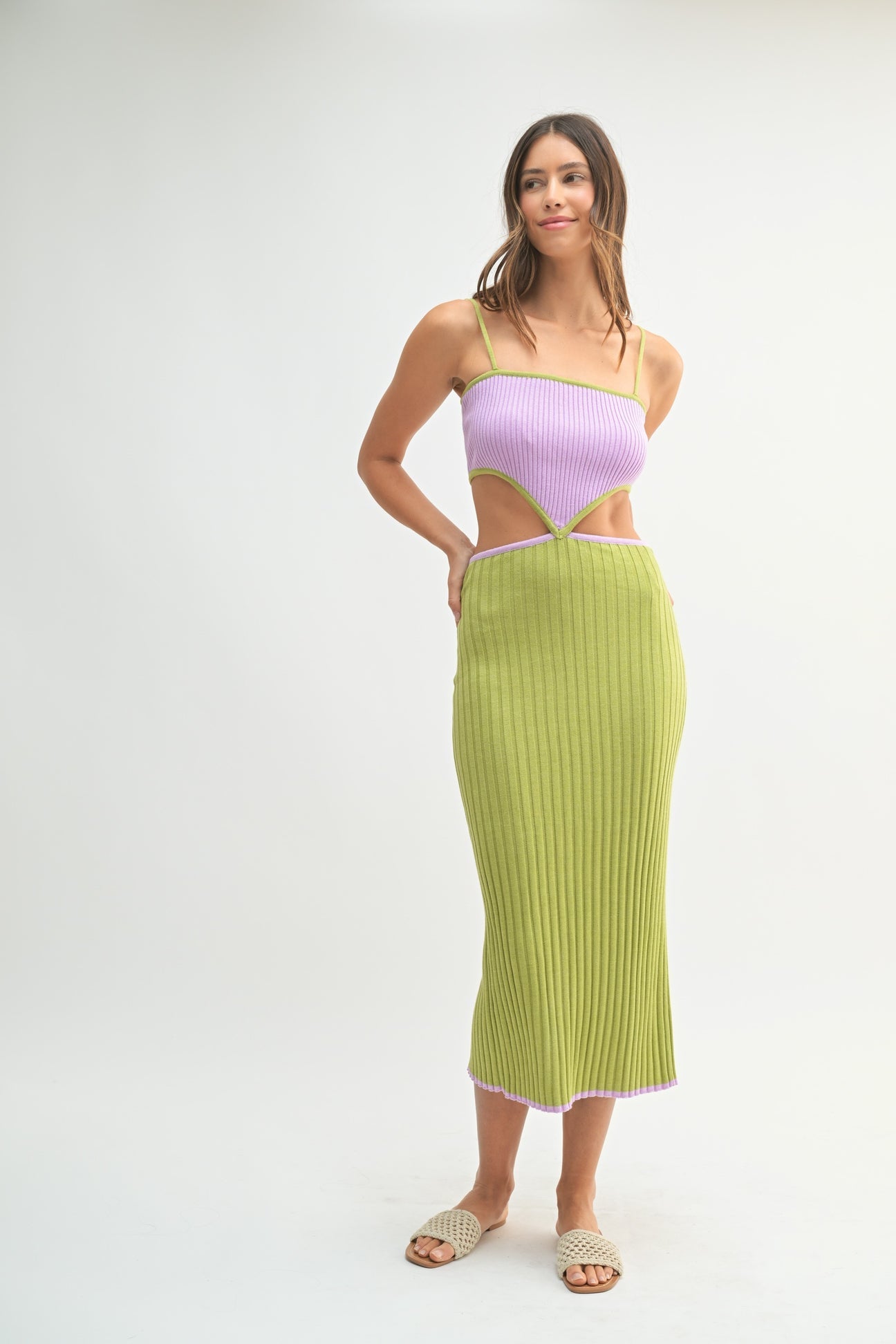 Voy A LLeVARTE PA PR Ribbed Knit Color Block Cutout Midi Dress