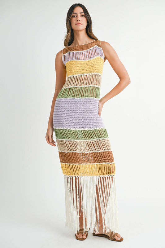 Turks And Caicos Fringed Crochet Knit Dress