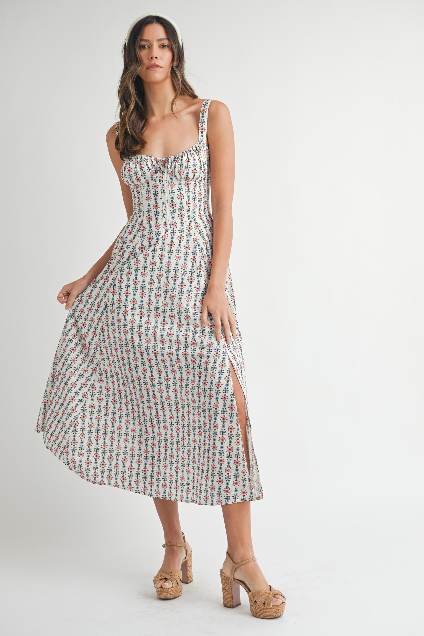 Willow Floral Bustier Back Lace Up Midi Dress