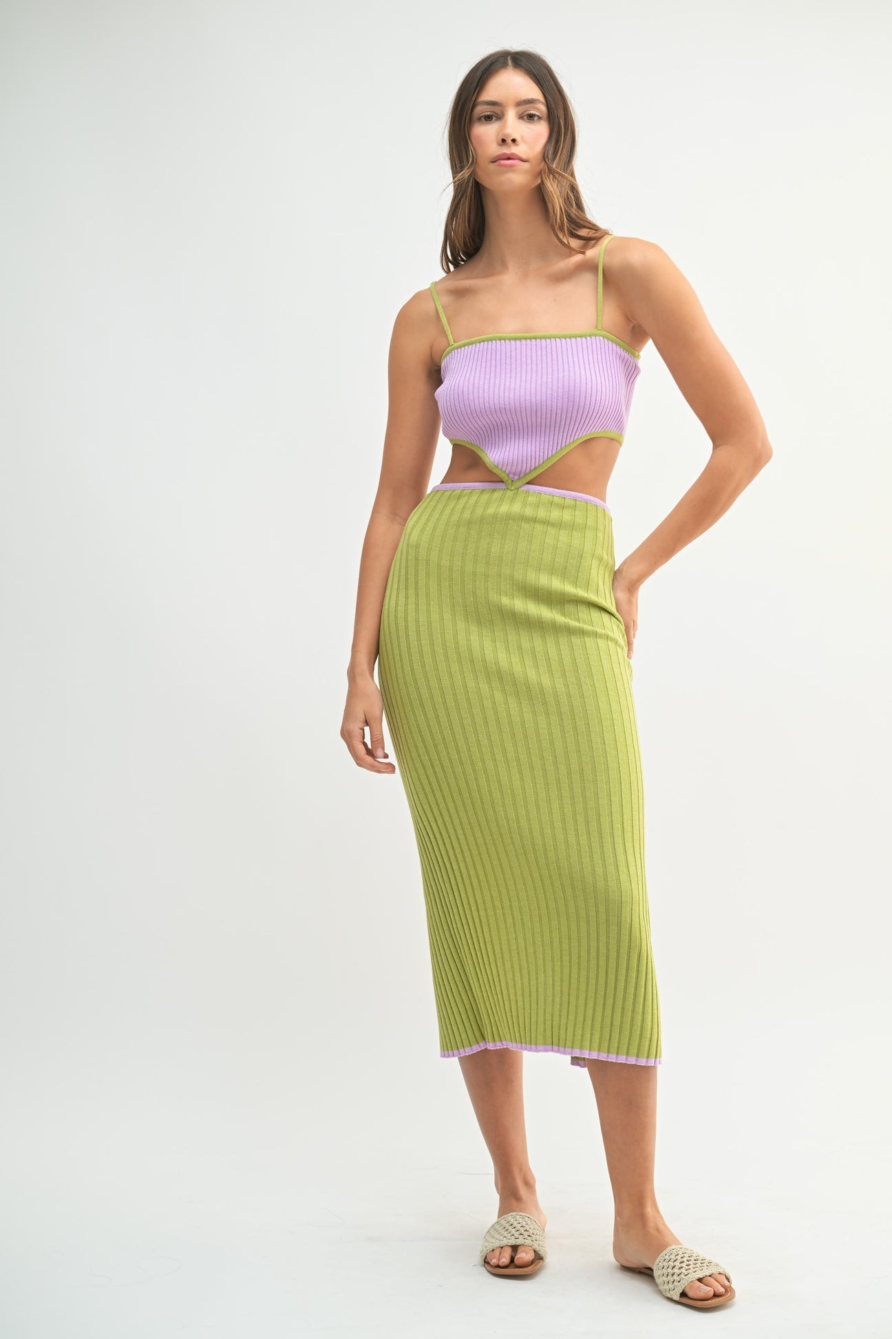 Voy A LLeVARTE PA PR Ribbed Knit Color Block Cutout Midi Dress