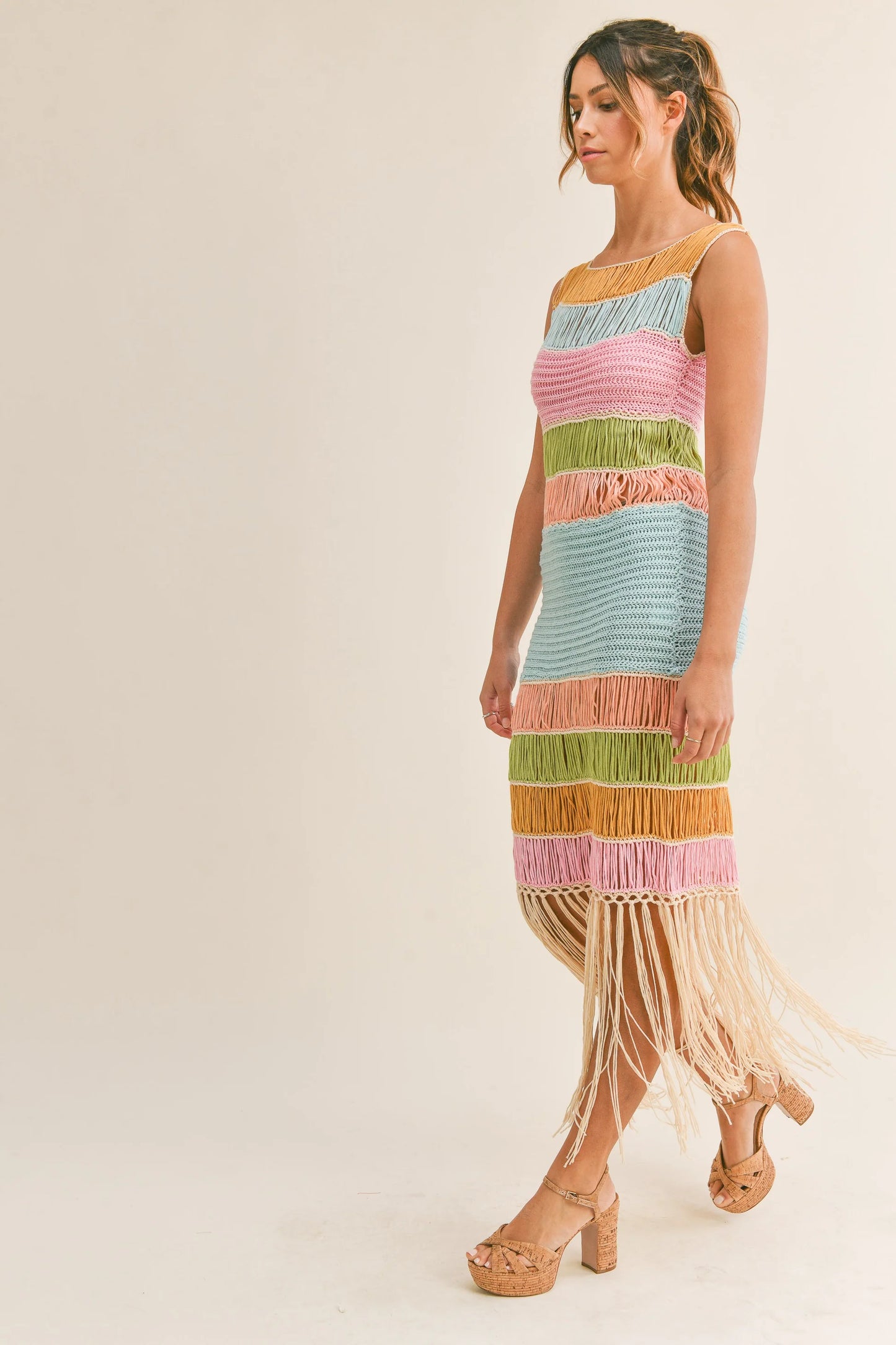 Turks And Caicos Fringed Crochet Knit Dress