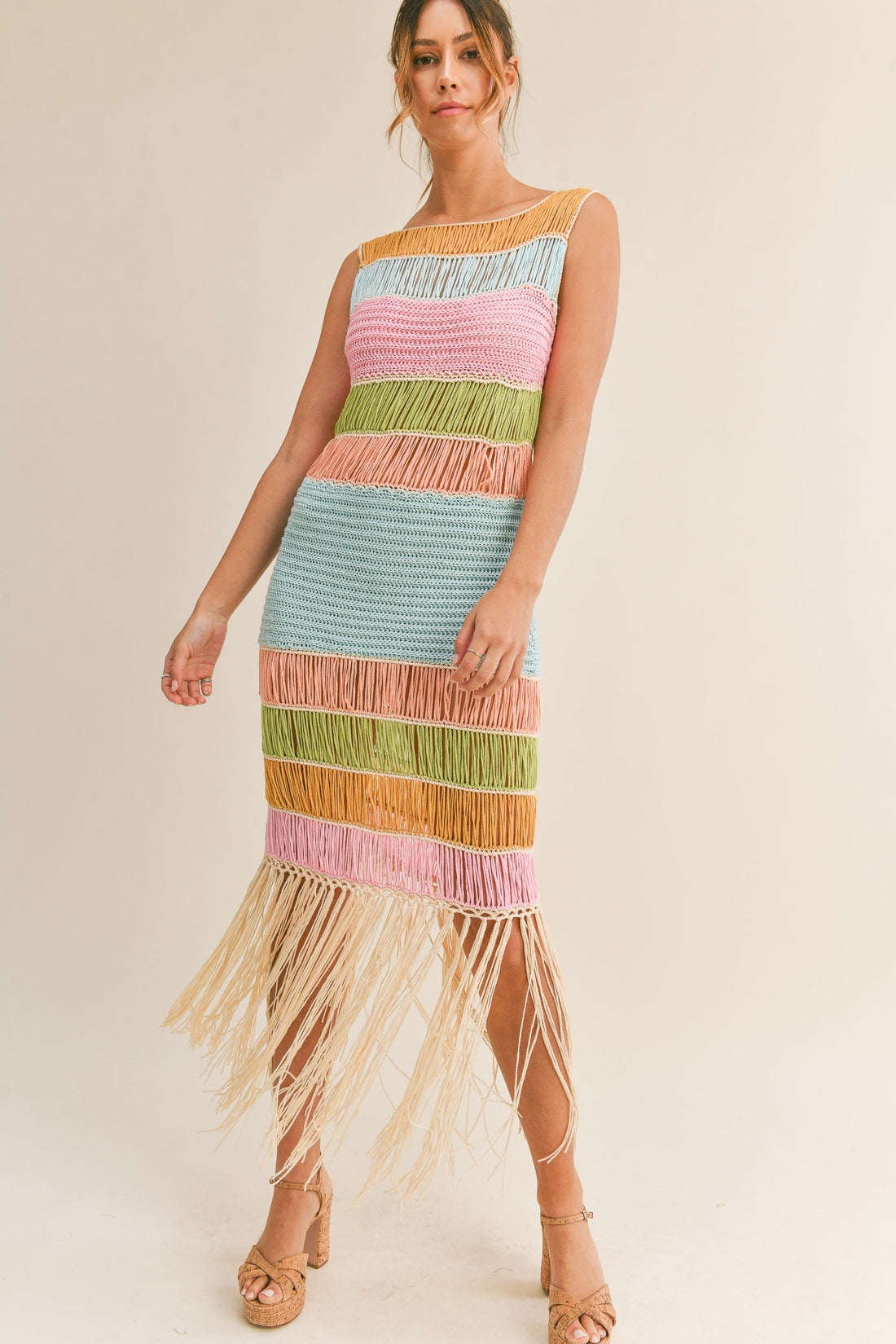 Turks And Caicos Fringed Crochet Knit Dress