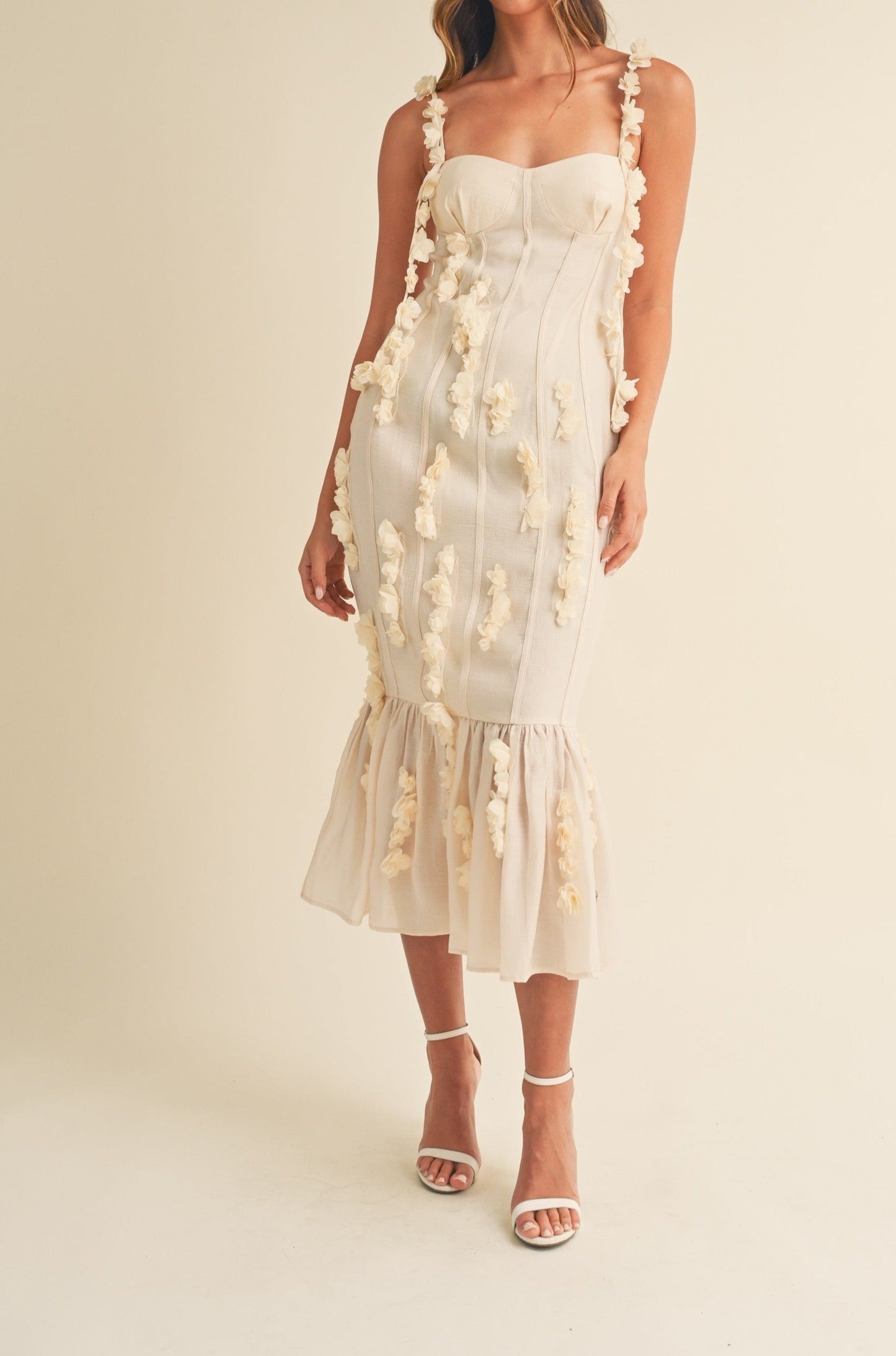 Blooming Grace Midi Dress - beige
