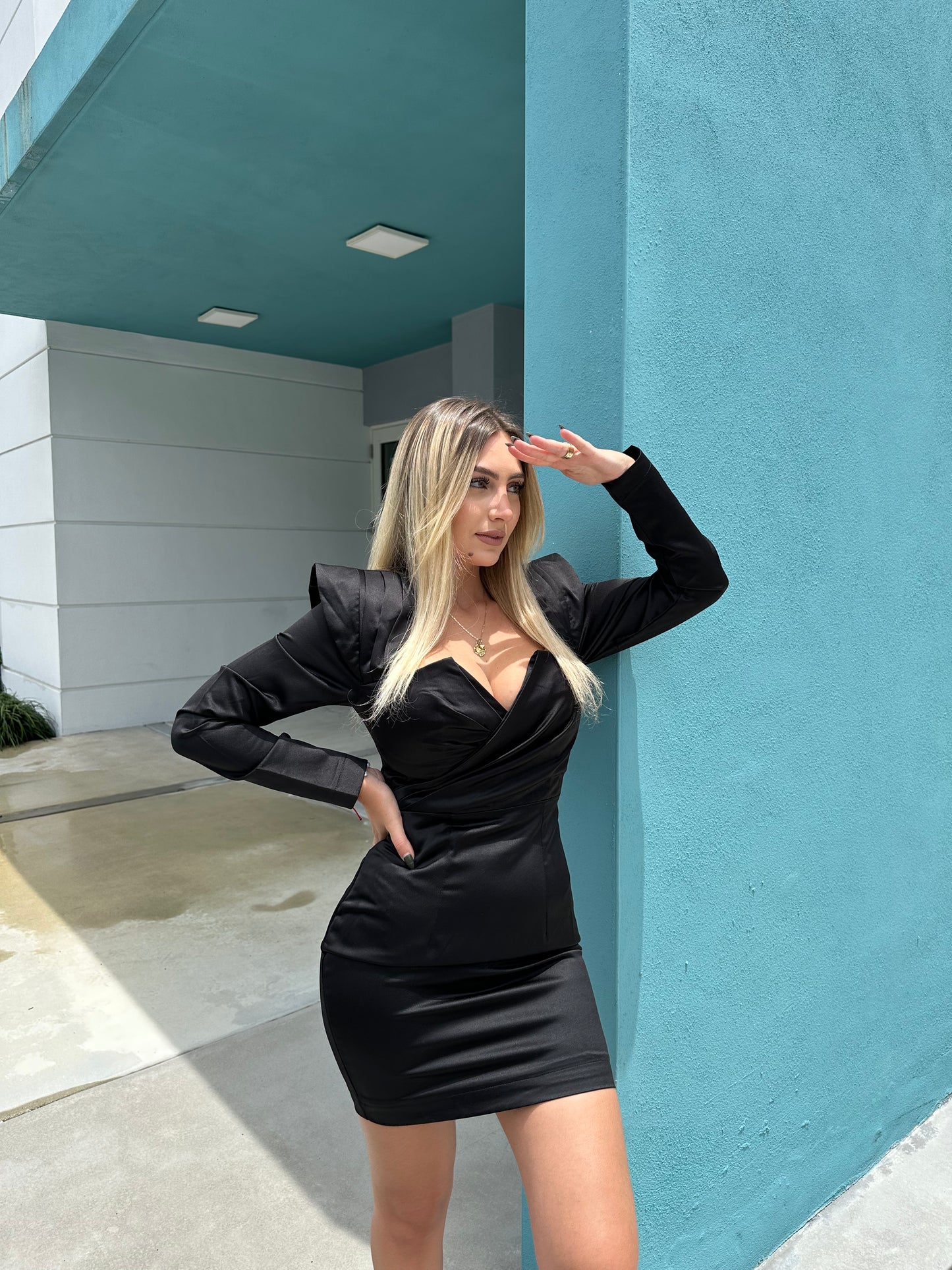 Talking Business Long Sleeve Satin Mini Dress