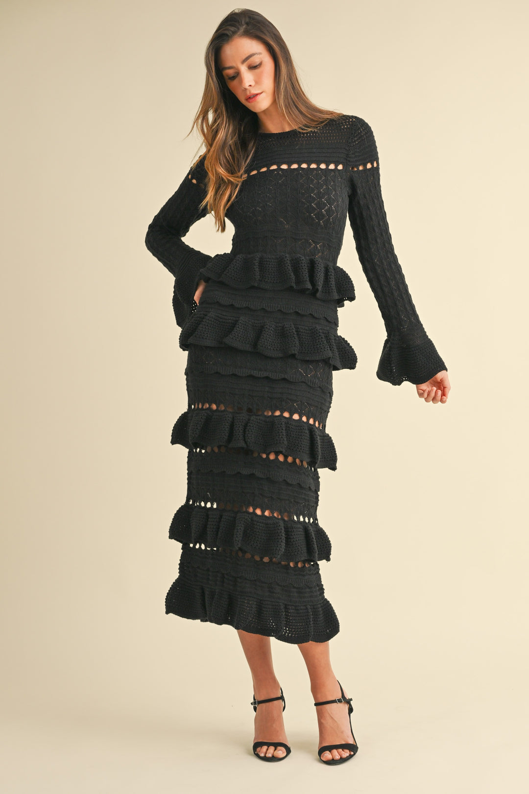 Under The Moonlight Tiered Ruffle Knit Midi Dress