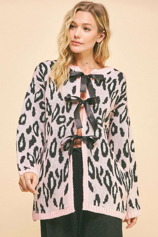 Leopard Ribbon Tie Front Loose Fit Cardigan