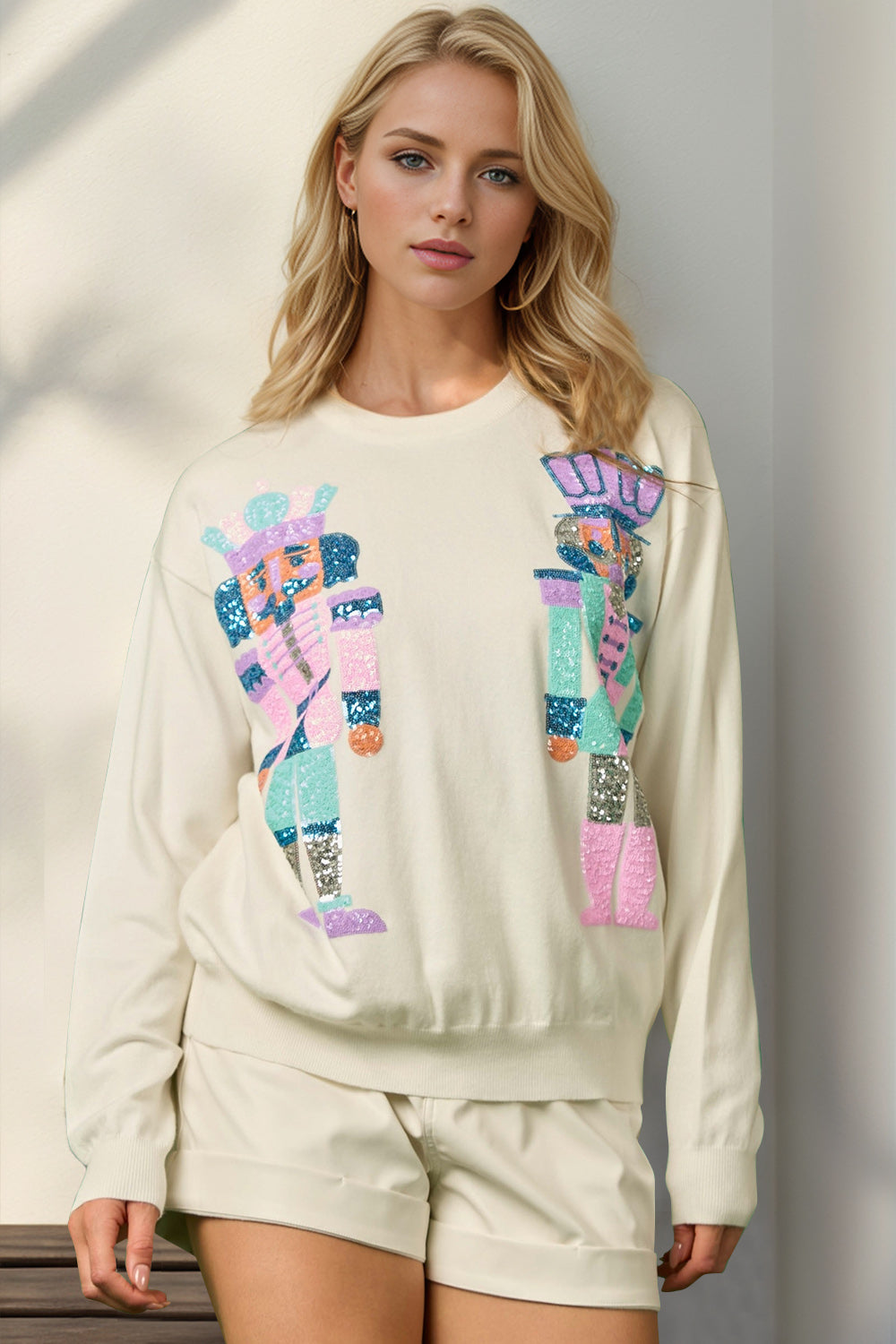 Double Take Sequin Nutcracker Long Sleeve Sweater