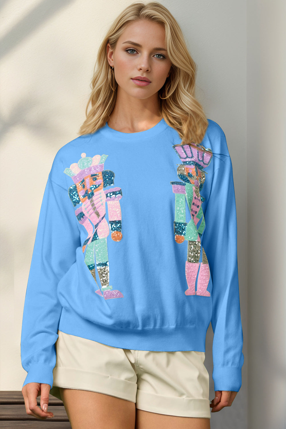 Double Take Sequin Nutcracker Long Sleeve Sweater