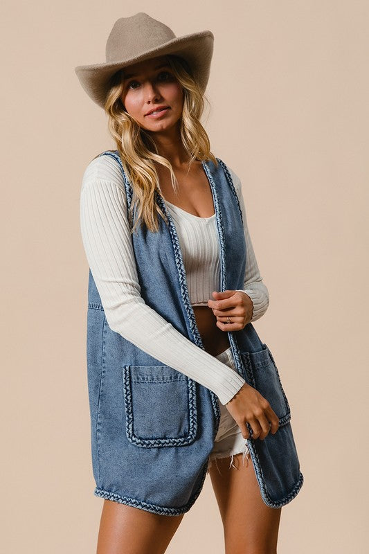 Gabriela Braided Trim Open Front Denim Vest