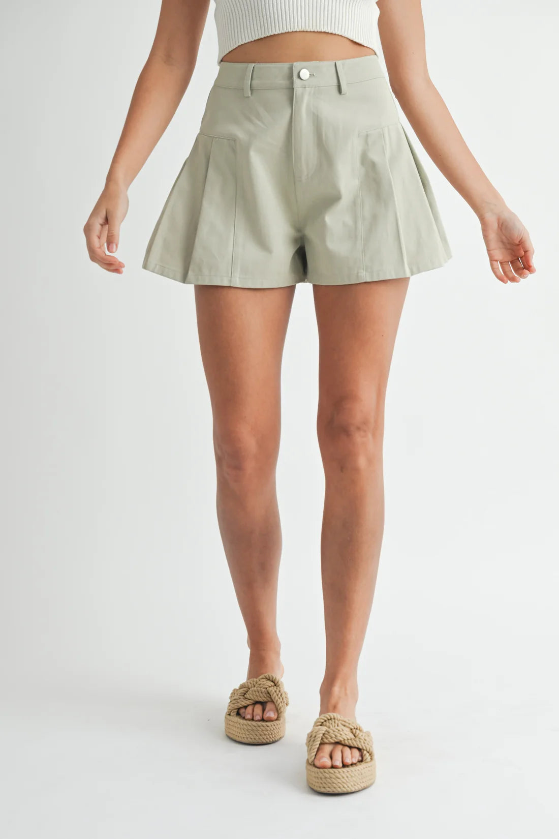 Beach Days Pleated High Waisted Twill Shorts