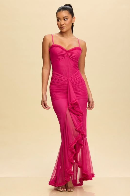 Sweetheart Mesh Ruffle Maxi Dress