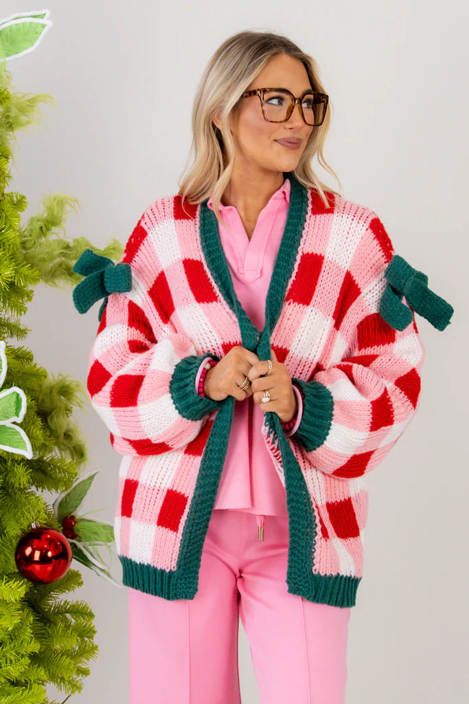Peppermint Lane Checkered Bow Sleeve Knit Cardigan