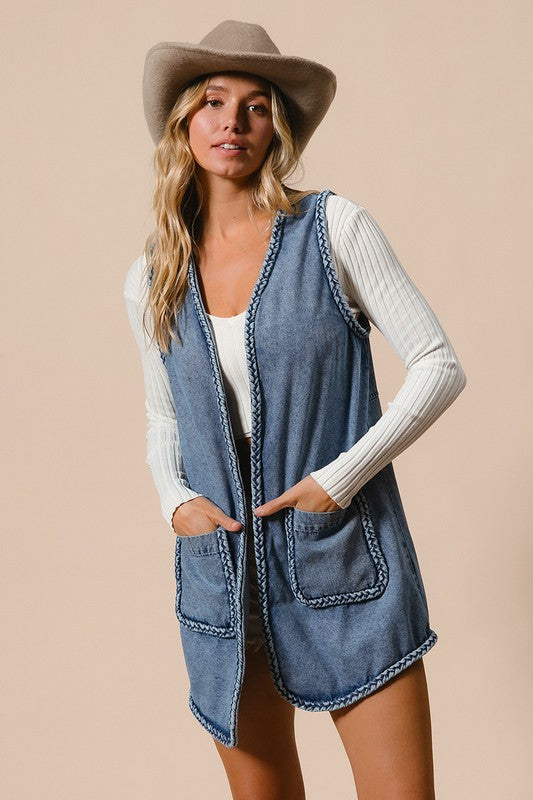 Gabriela Braided Trim Open Front Denim Vest