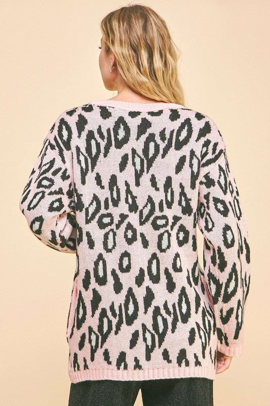 Leopard Ribbon Tie Front Loose Fit Cardigan