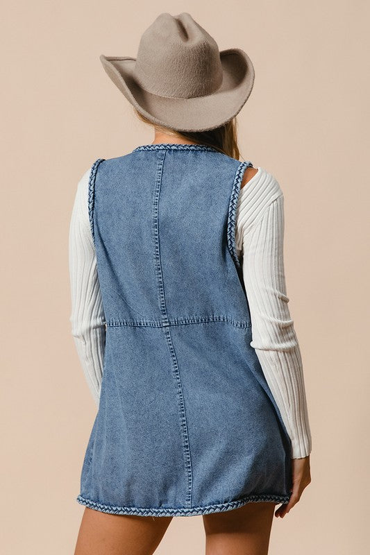 Gabriela Braided Trim Open Front Denim Vest