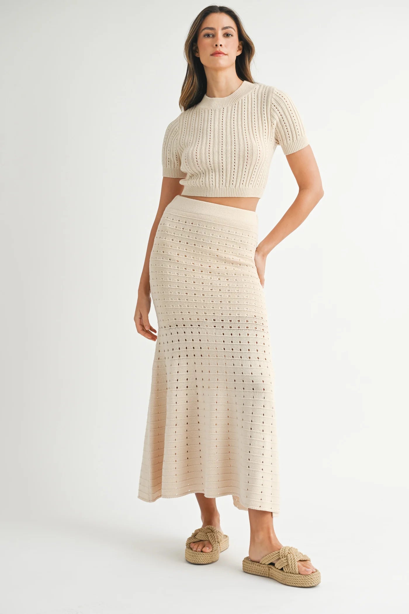 Set In Sand Pointelle Slit Skirt Set