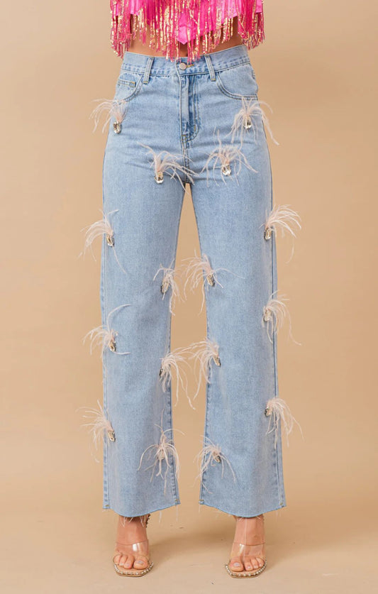 Showstopper Feather Stone Embellished Denim Jeans