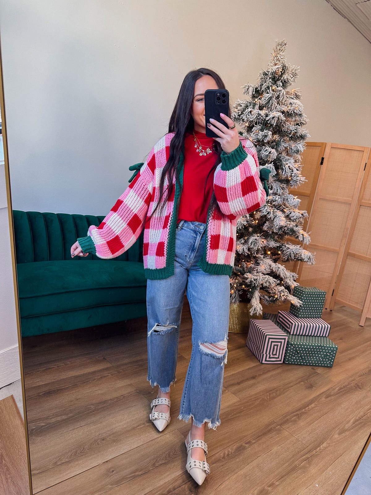 Peppermint Lane Checkered Bow Sleeve Knit Cardigan