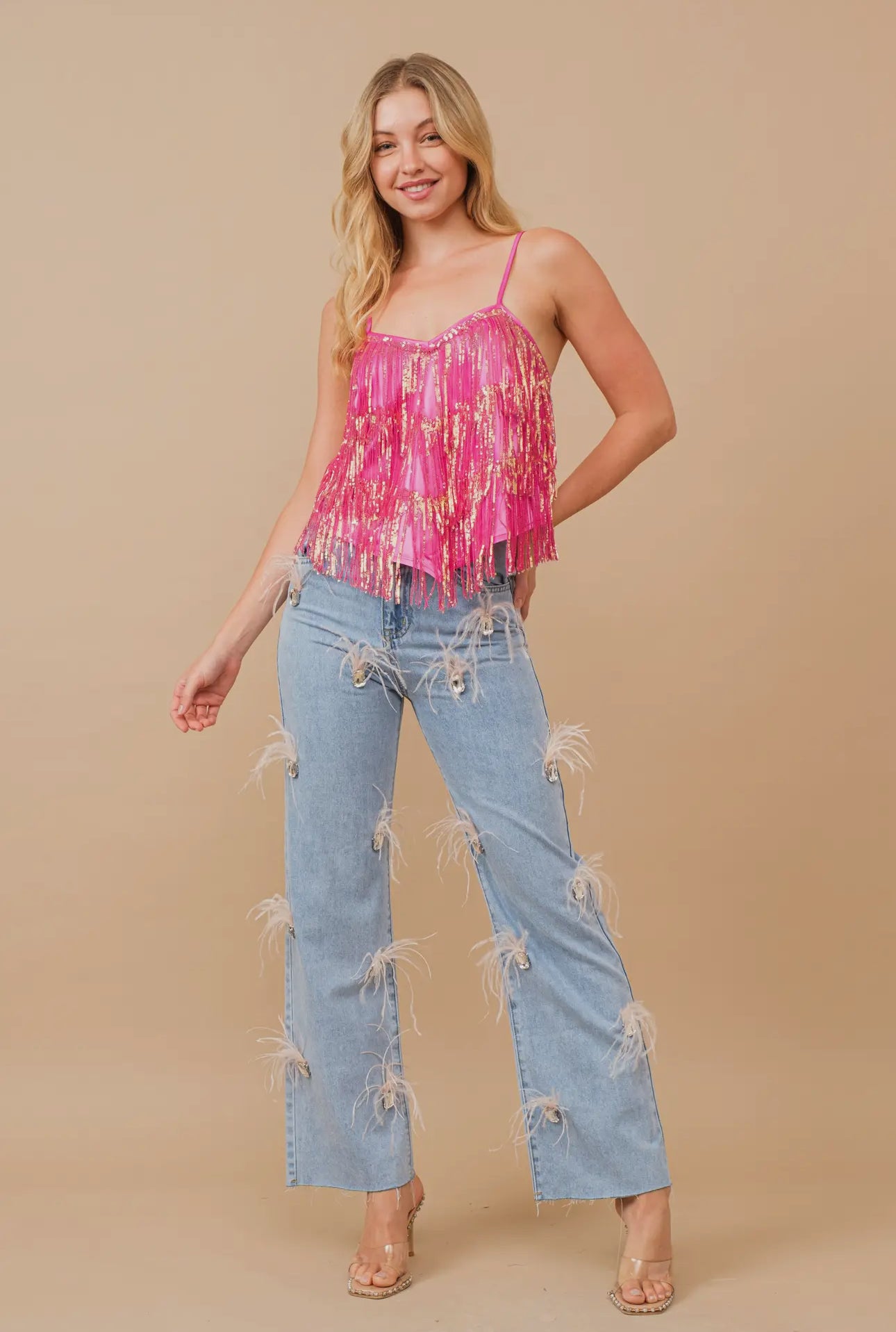 Showstopper Feather Stone Embellished Denim Jeans