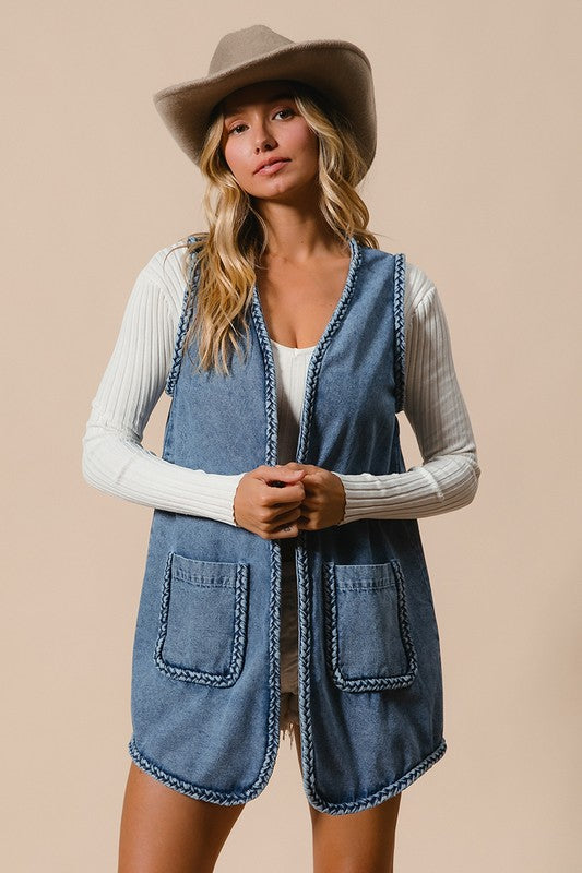 Gabriela Braided Trim Open Front Denim Vest