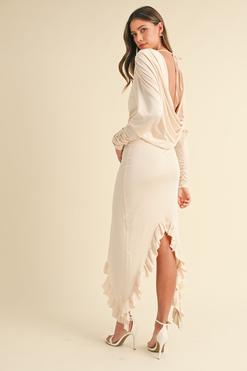 Timeless Elegance Asymmetric Ruffle Hem Dress - cream