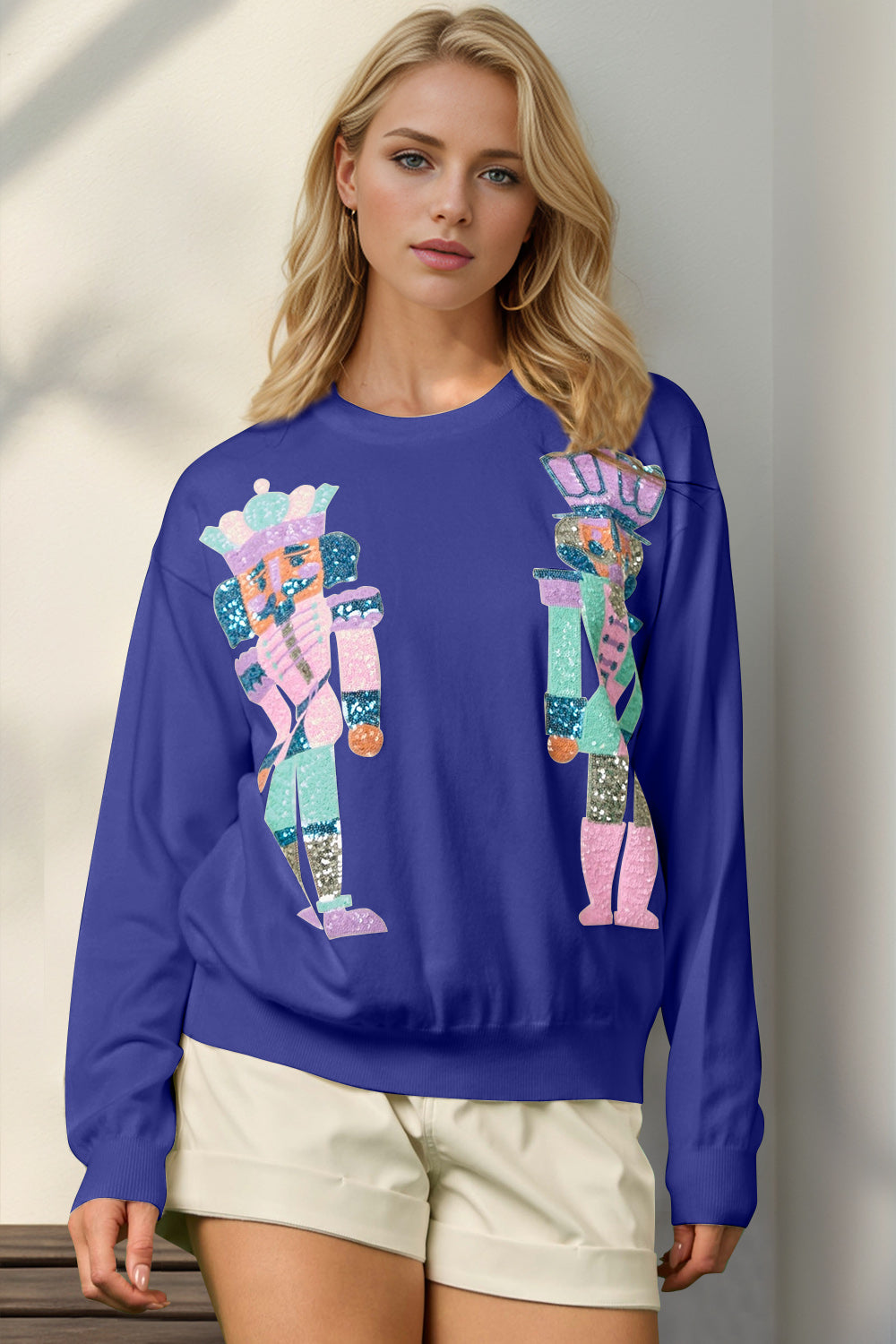 Double Take Sequin Nutcracker Long Sleeve Sweater