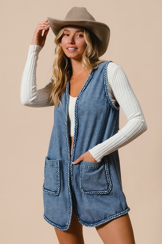 Gabriela Braided Trim Open Front Denim Vest