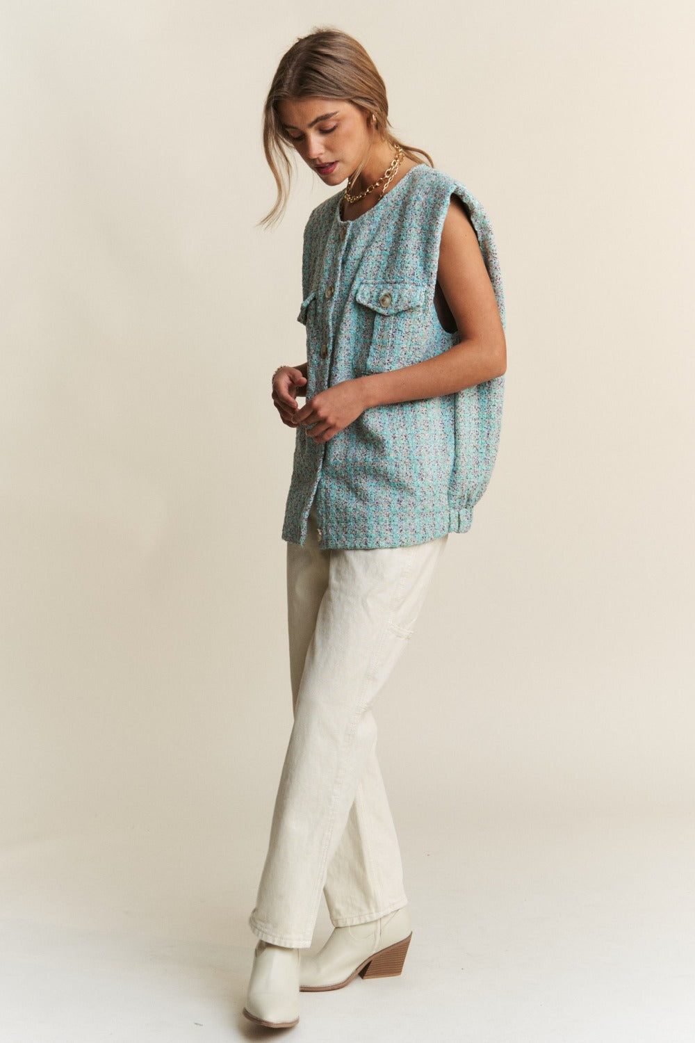 The Secret Of Us Frayed Tweed Padded Shoulder Vest