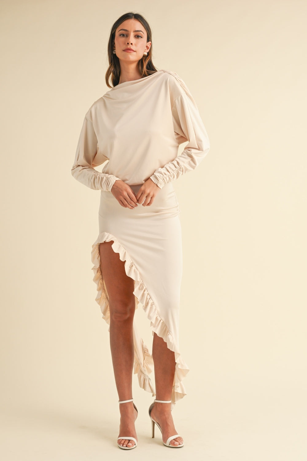 Timeless Elegance Asymmetric Ruffle Hem Dress - cream